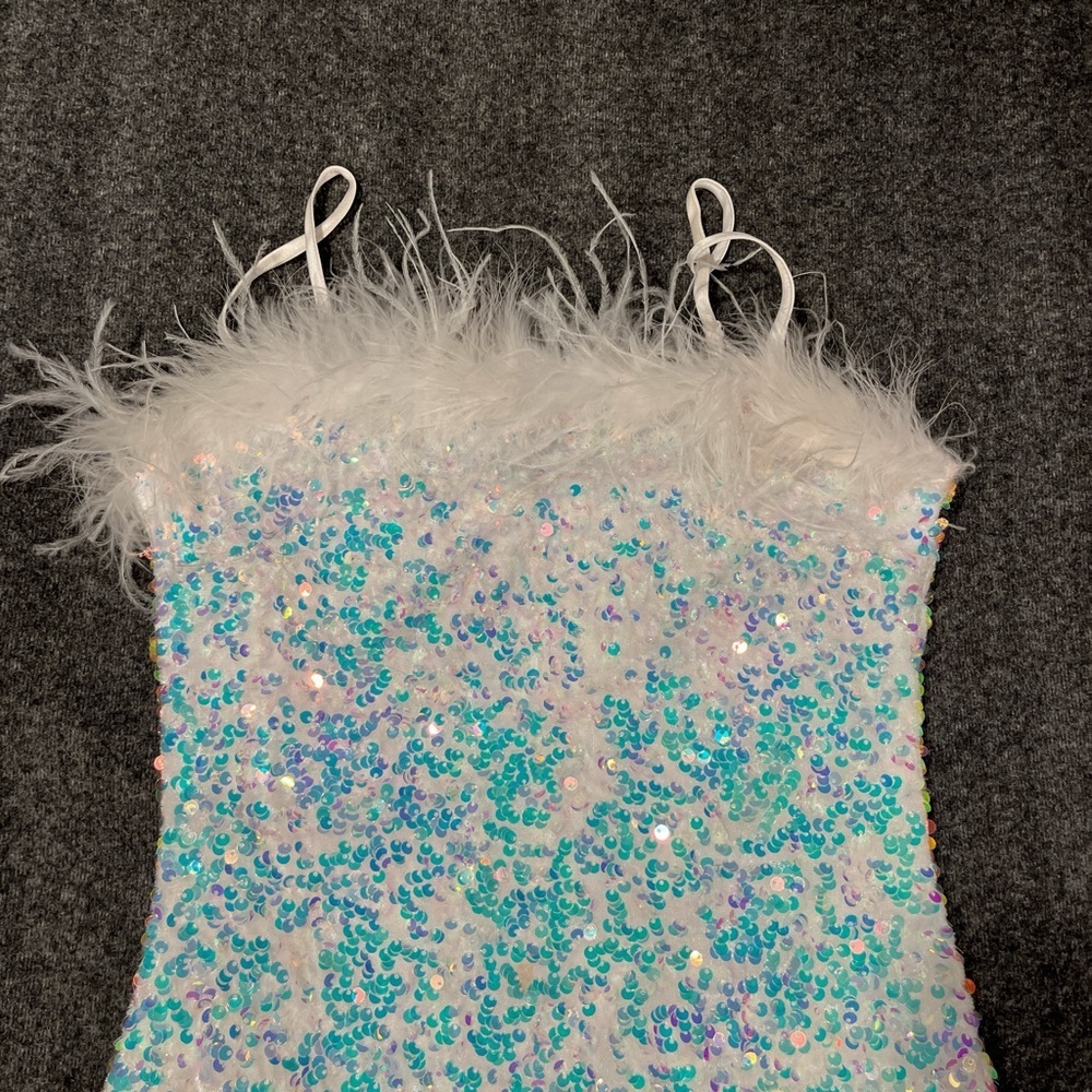 Sequin Fairycore white & blue sequin bodycon dress with feather trim. - Picture 2 of 4